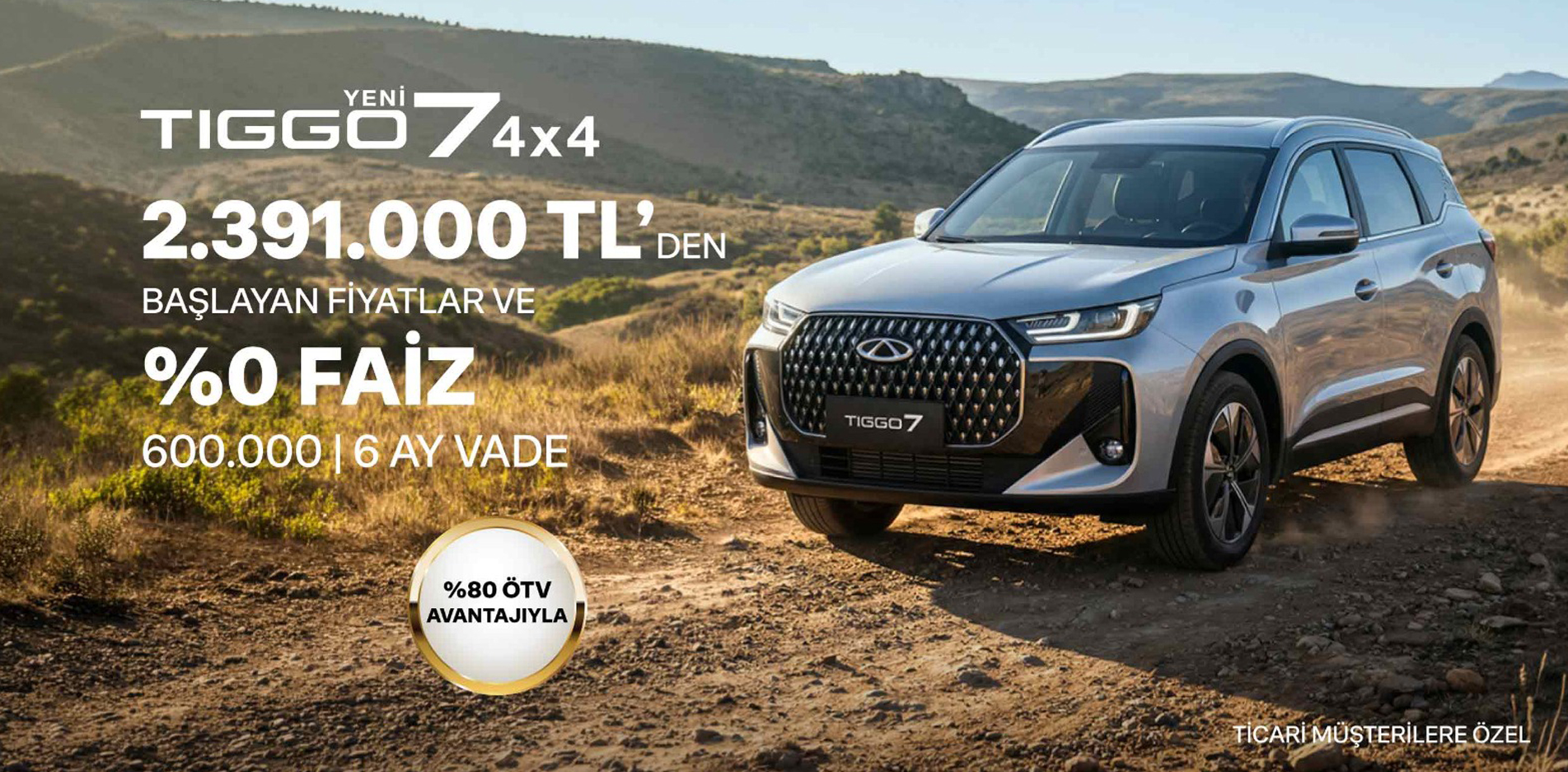 Yeni Chery Tiggo7 4x4 2.391.000 TL'den %0 Faiz Kampanyası